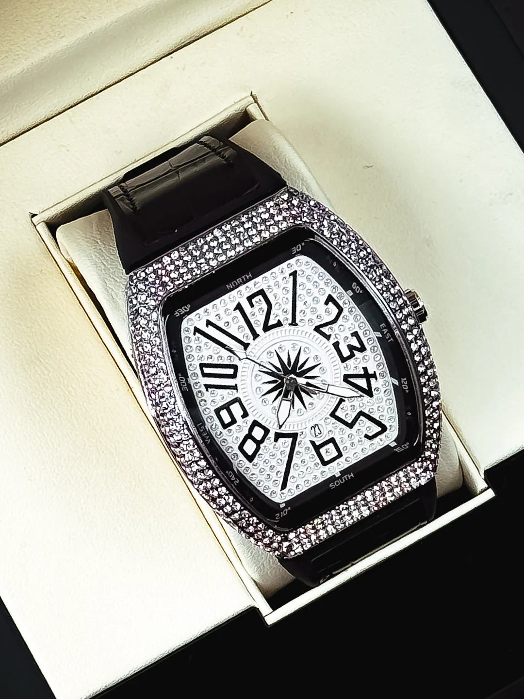 💎 FM Diamond Leather Strap – Elegant Men’s Watch