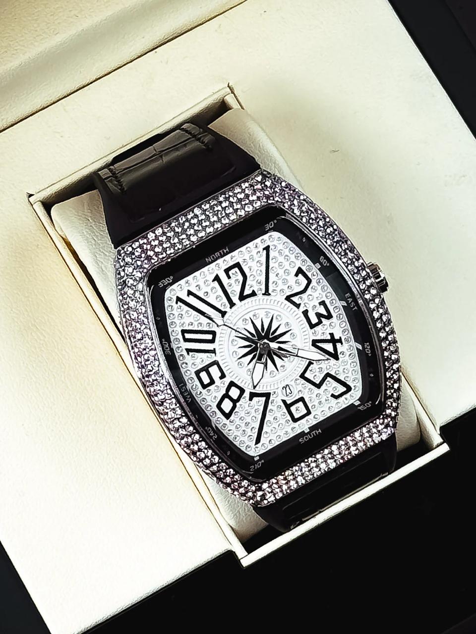 💎 FM Diamond Leather Strap – Elegant Men’s Watch