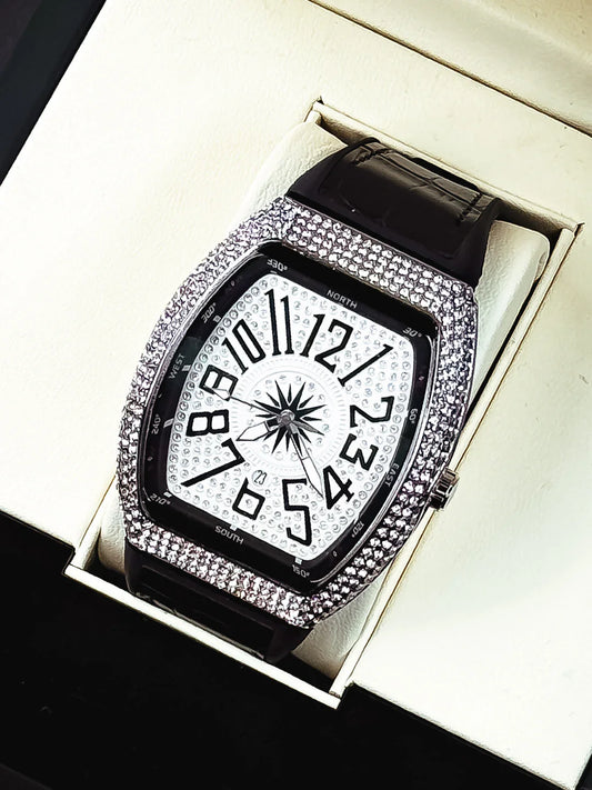 💎 FM Diamond Leather Strap – Elegant Men’s Watch